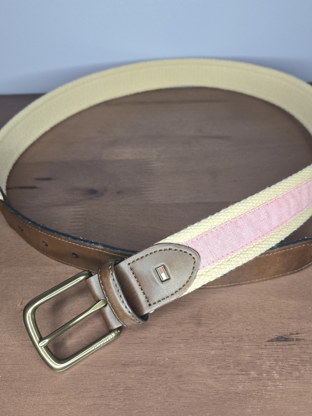 Men's Woven Pink and Cream Belt with Brown Leather Trim Tommy Hilfiger M-34-36